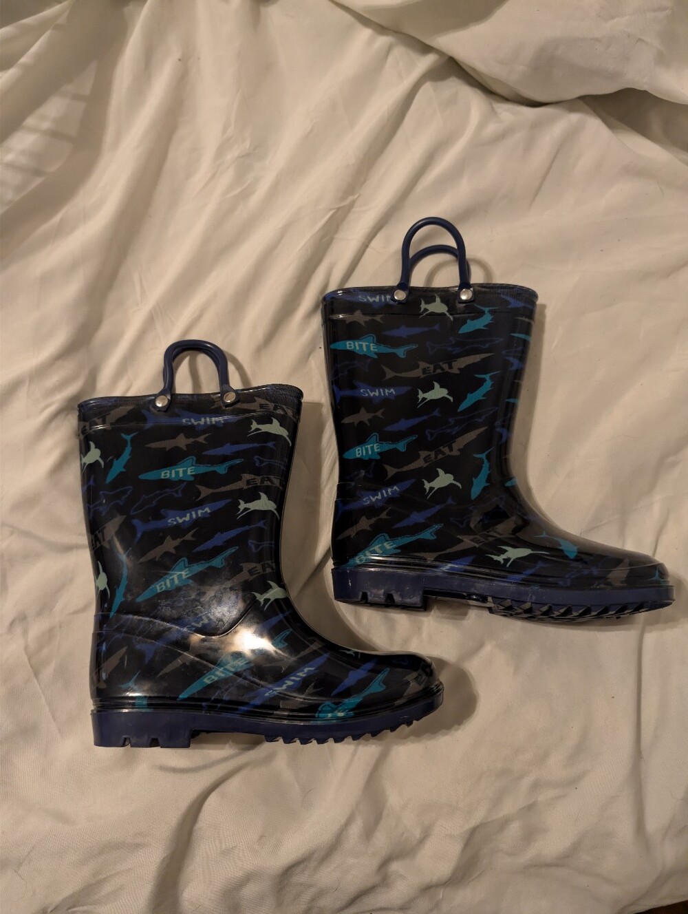 Kids Navy Shark Rain Boots with Handles Toddler Size 10